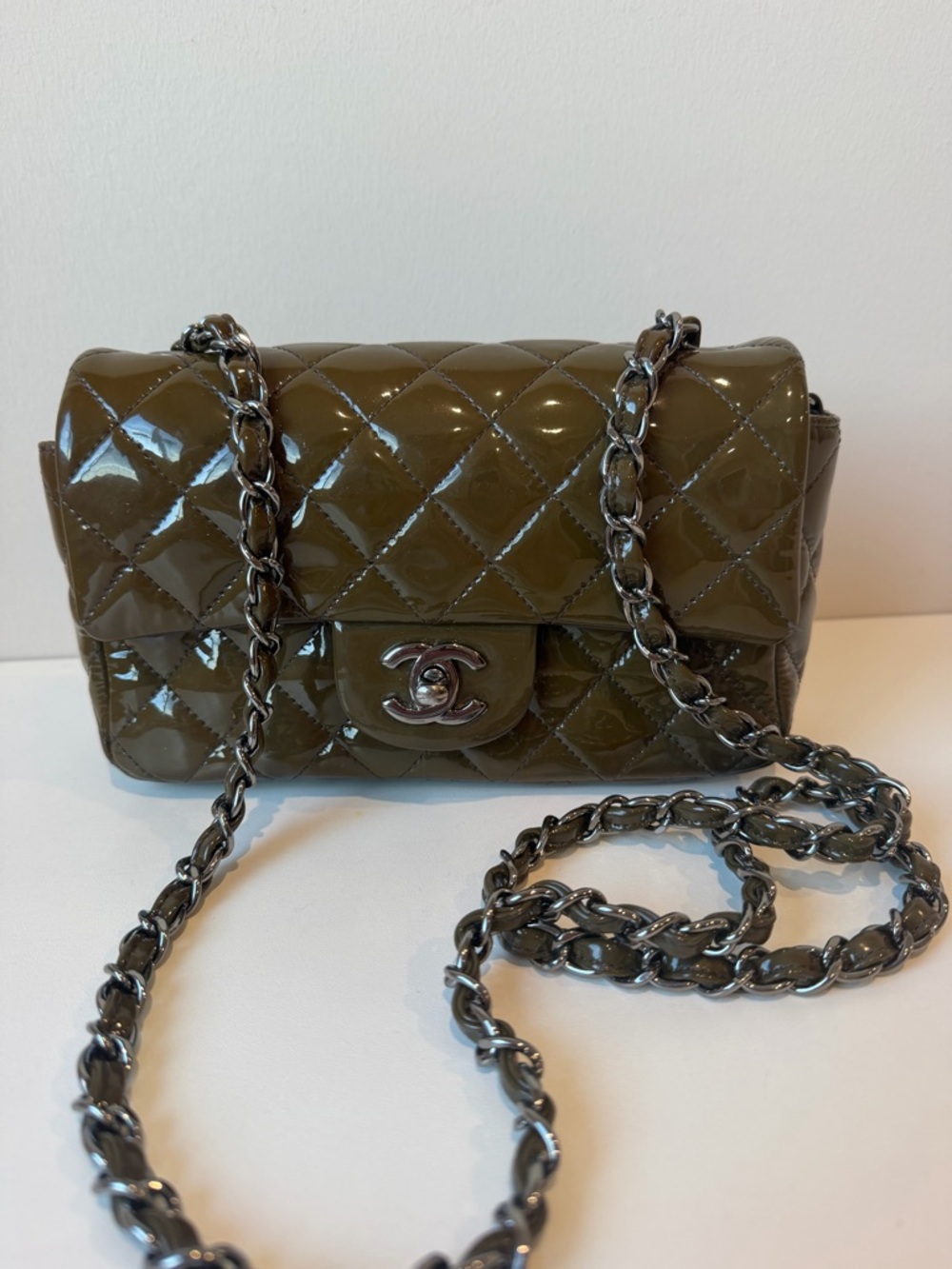 CHANEL Quilted Patent Leather Mini Flap Bag in Olive - Picture 2 of 16